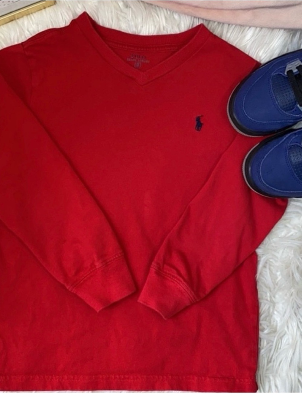 POLO RALPH LAUREN- red boys long sleeve tee. Blue logo. Size:6. Great condition